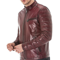 Yüksek kalite erkekler kırmızı Maroon hakiki koyun derisi Notch yaka yaka Biker Rider kıyafet asimetrik Crossover Racer deri ceket