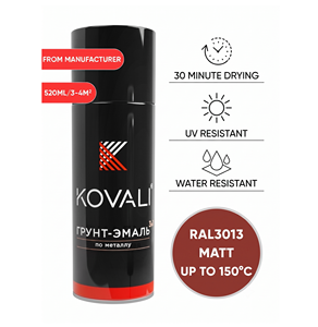 KOVALI 3 in 1 Aerosol Spray <b>Primer</b> Enamel Anti-Rust Corrosion Protection Metal Wood Concrete <b>Matt</b> Tomato Red RAL 3013 520ml - Product Image 1
