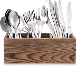 Rustic wooden <b>caddy</b> with an antique finished for storing and carrying cutlery condiments spices and napkins - Product Image 3