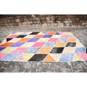 Tapis turc vintage 6,7x10,8 pi (203x328 cm), tapis oriental patchwork orange et bleu - Product Image 4