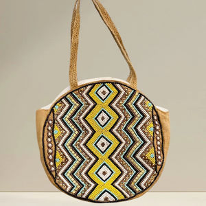 Sac fourre-tout en jute beige durable avec broderie, perles, fermeture éclair, bandoulière unique pour femmes, style bohème, plage - Product Image 1