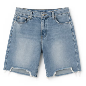 Short en jean taille moyenne personnalisé pour femmes en gros, denim rigide de 10oz, délavé bleu clair, ourlet brut - Product Image 1