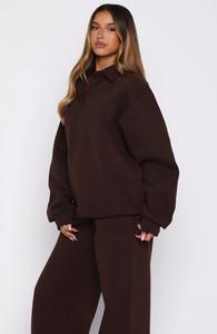 Ensemble de survêtement en molleton chocolat pour femme, hiver, uni, brodé, long, 2 pièces - Product Image 3