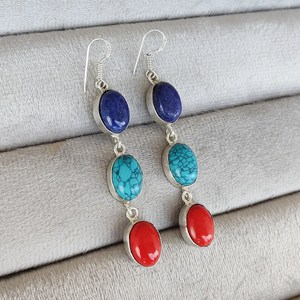 Pendientes Colgantes de Piedras Múltiples de Lapislázuli, Turquesa y Coral Rojo, Alambre para Oreja Chapado en Plata 92.5, Joyería Boho Hecha a Mano, Regalo - Product Image 6
