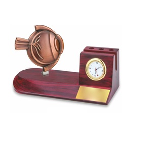 Organisateur de bureau 3 en 1 de qualité supérieure de l'Inde porte-stylo en métal porte-carte en bois horloge exportation mondiale décoration cadeau - Product Image 1
