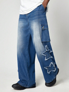 Demin <b>Men's</b> Casual Blue <b>Jeans</b> New American Style <b>High</b> <b>Waist</b> Wide Leg Hip Hop Design with Star Patch Plus Size Dark Light Washed - Product Image 3