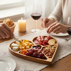 Plateau de service en bois à compartiments, en forme de cœur, naturel et assaisonné, plateau polyvalent pour les collations, disponible à un prix raisonnable et le plus bas - Product Image 1