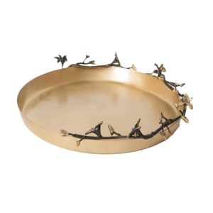 Plateau rond de style moderne du milieu du siècle, motif géométrique doré distinctif, vaisselle de salon, plateau de service créatif - Product Image 1