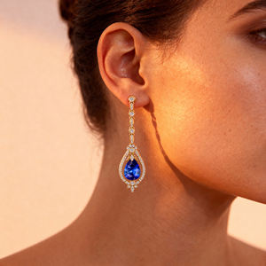 Boucles d'oreilles pendantes en or massif faites à la main avec saphir bleu cultivé en laboratoire à 100% et diamants véritables, style mignon, cadeau de fête, bijoux - Product Image 2