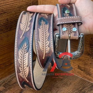 ใหม่สไตล์ตะวันตกจริงของแท้มือเครื่องมือหนังดอกไม้สีเข็มขัดคุณภาพสูงหนังทําด้วยมือเข็มขัดเอว Unisex - Product Image 1