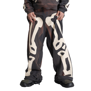 Pantalones de chándal con cordón de pierna ancha con estampado de esqueleto, pantalones de chándal acampanados, pantalones de pierna recta de lana, pantalones de chándal lavados Vintage - Product Image 4