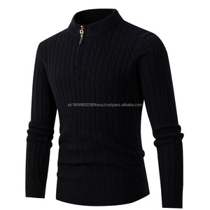 Couleur unie hommes pull tricoté automne hiver tricots à manches longues col roulé fermeture éclair cou mâle pull sweat vêtements d'extérieur - Product Image 4