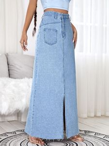 Falda Midi de Mezclilla Lavada a la Piedra para Mujer, con Abertura Lateral, Silueta Recta, Estilo Casual, para Primavera, 100% Algodón - Product Image 1