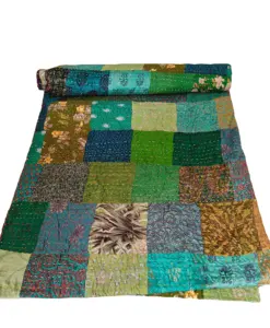 Green Vintage Patchwork Kantha Quilt Handmade Silk Saree Throw Reversible Blanket Bohemian Home Decor