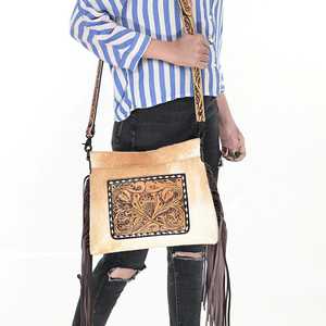 Western Style Genuine Leather Bohemian Lady <b>Crossbody</b> <b>Bag</b> Hand Tooling Floral Design by Rodeo International - Product Image 6