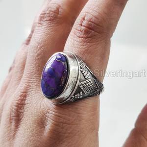 Bague pour homme en argent sterling 925, avec pierre précieuse turquoise cuivrée naturelle, pierre de naissance de décembre, bijou lourd et raffiné - Product Image 1