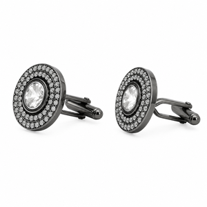 Handmade Gunmetal <b>Black</b> Round Cufflinks with Large CZ Center Stone Pave Brass Design for <b>Men</b>-Birthday Engagement Gift Party - Product Image 1