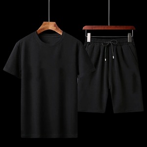 Ensemble de survêtement décontracté pour homme, taille plus, été, imperméable, respirant, 100% coton, t-shirt et short, noir et blanc rayé, contraste - Product Image 4