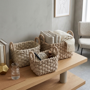Natural Seagrass <b>Storage</b> <b>Basket</b> Set Chunky Braided Cord <b>Rectangular</b> Bin Arch Handle Tabletop Planter Pure Art Setup Room Decor - Product Image 4