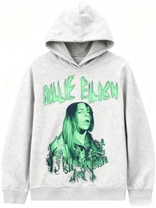 Sudadera con Capucha de Forro Polar Casual con Estampado Bordado de Billie Eilish, Sudadera Holgada de Estilo Retro para Hombre y Mujer, Unisex - Product Image 3