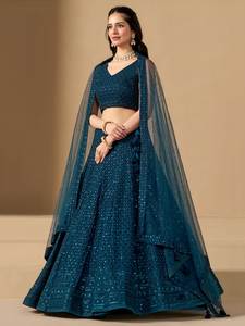 Elegante Lehenga Choli de Georgette de Poliéster Azul, Largo hasta el Suelo, de Secado Rápido, con Bordado de Lentejuelas Resham, para Bodas y Fiestas - Product Image 3