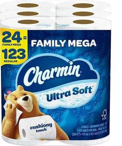 CharminUltra Soft Cushiony' Touch Toilet Paper 24 Family Mega <b>Rolls</b> = 123 Regular <b>Rolls</b> - Product Image 6