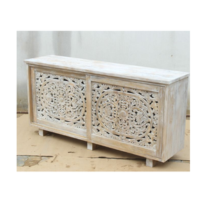 Moderno Aparador Deslizante 2 Puertas Comedor Mango Sólido Madera Tallada Diseño Desgastado Acabado Volver MDF Hotel - Product Image 2