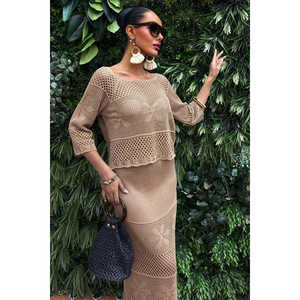 Conjunto de Punto Calado Estilo Bohemio 10093 con Mangas Tres Cuartos y Cuello Barco, Top Corto para Primavera/Verano - Product Image 3