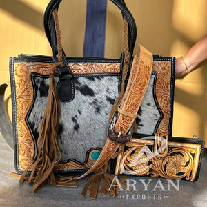 New Real Hand Tooled Floral Print Cowhide Fur Leather Tote <b>Bags</b> Western Stylish Evening <b>Bag</b> and Tooled <b>Clutch</b> Unique Combo Sets - Product Image 1