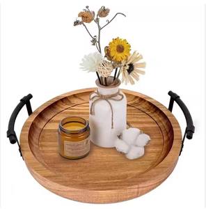 Bandeja redonda de madera de acacia para servir, manijas de Metal, mesa de café para el hogar, portavelas, centro de mesa de cocina, patrón de plantas, bandejas decorativas - Product Image 4