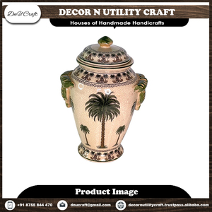 Urne funéraire en céramique de style arabe avec motif palmier, couleur marron, pour commémoration adulte, personnalisable, décorative. - Product Image 2