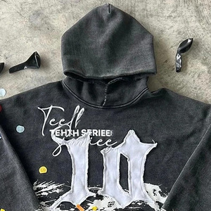 RAW HEM personnalisé hiver fermeture éclair Streetwear français éponge poids lourd Boxy recadrée lavage à l'acide applique en détresse brodé Patch - Product Image 5