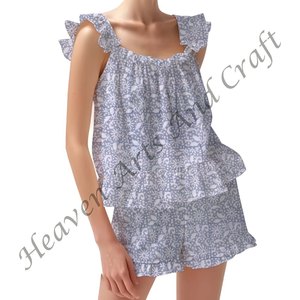 Conjunto de pijama con estampado de bloque de algodón puro para mujer, conjunto de pijama con mangas ajustadas con volantes y tiras florales para Primavera/Verano - Product Image 1