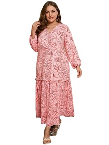 Vestido de talla grande con estampado dorado y cuello en V de manga larga con cinturón, vestido largo bohemio informal de vacaciones para mujer para primavera y otoño - Product Image 6