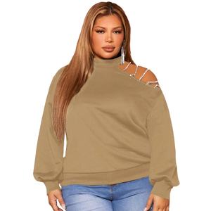 Sudadera de hombro recortada con diamantes de imitación de talla grande para mujer, jersey de cuello alto, manga larga, caqui, ajuste holgado, diseño de ropa de calle a la moda - Product Image 1