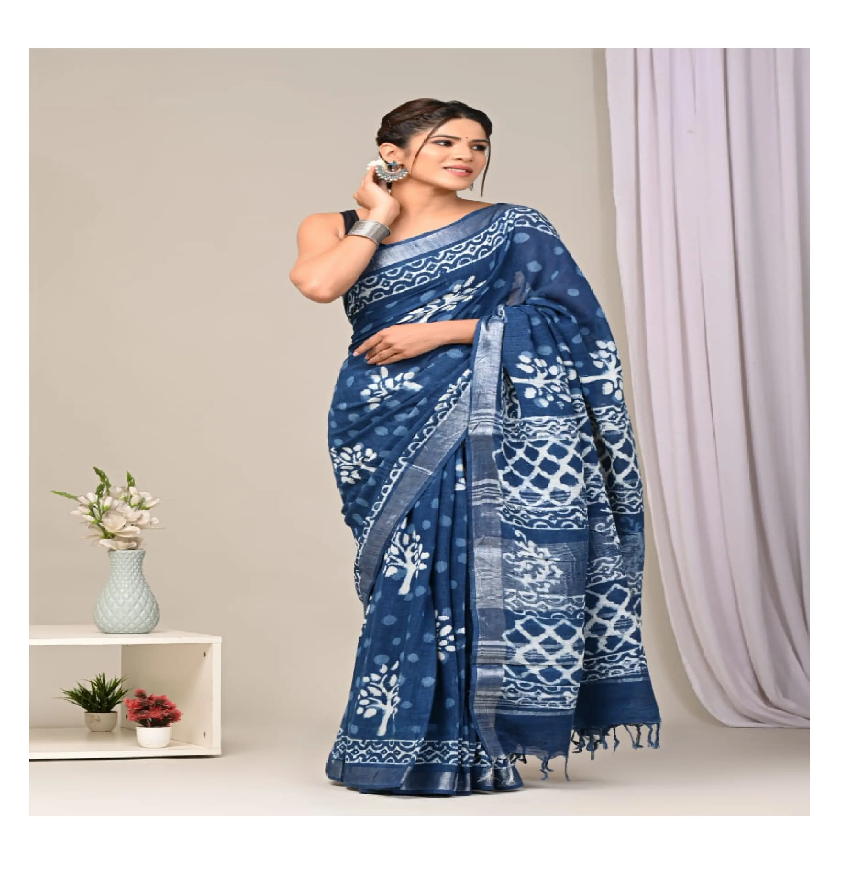 I più venduti nuovo stile di design tradizionale indiano fatto a mano a blocchi stampato 100% puro lino donna festa di nozze moda indossare sari