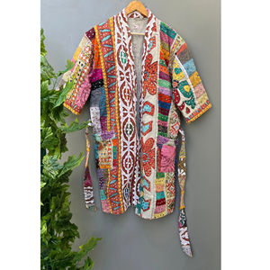Indian Handmade Quilted Cotton Jacket for Women <b>Long</b> <b>Sleeve</b> Kantha Robe with Cut Work <b>Kimono</b> Design Winter Wear - Product Image 1