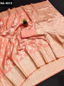 Sari de seda Banarasi suave de desgaste étnico tradicional indio con borde rico Pallu y diseño de tejido Zari - Product Image 4