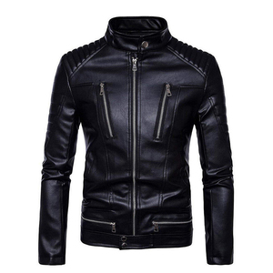 Chaqueta de motorista de cuero PU informal para hombre con bolsillos con cremallera y cuello levantado personalizable OEM Color negro para invierno - Product Image 4