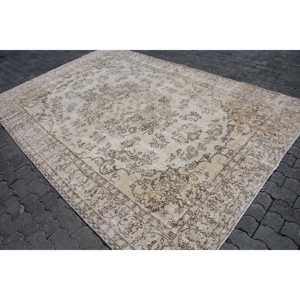 Vintage 7x10.2 ft Rug, Turkish Rug, <b>Brown</b> Striped <b>Wool</b> Rug - Product Image 2