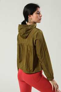 Sudadera con capucha fruncida con cremallera completa y protección UV para mujer de color caqui oscuro superventas - Product Image 3