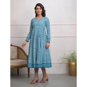 Vestido de Algodón Angrakha con Estampado Azul, Informal, para Fiestas, Transpirable, Cintura Imperio, Tallas XS a 5XL - Product Image 6