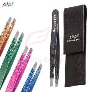 Juego de pinzas para cejas de Color personalizado con estuche de cuero, pinzas con purpurina Bahasa Pro para extensión de pestañas, Etiqueta Privada - Product Image 1