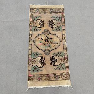 Vintage Eco Friendly Rug 1.6x3.3 ft <b>Brown</b> Green Patchwork <b>Wool</b> Turkish Rug with Latex Backing - Product Image 1