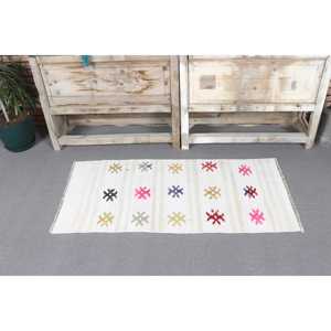 Tapis Kilim, tapis vintage 1,8x3,8 pieds, tapis blanc uni en laine - Product Image 2
