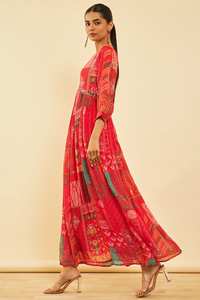 2025 tendencia tradicional de algodón melocotón azulejo impreso Alia corte vestido étnico con espejo trabajo hasta la rodilla vestido con cuello en V aspecto elegante - Product Image 2