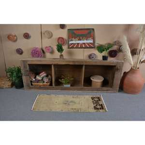 Tapis turc vintage 1,4x3,8 pieds Beige bleu fait à la main en laine peluche hauteur forme rectangulaire abstraite pour chambre Patchwork Design - Product Image 3