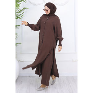 Ensemble décontracté marron café sans manches boutonné, tunique et short en crêpe 2 pièces pour l'été, hauts sans col à coupe courte - Product Image 1