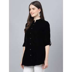 Divena A-Line Robes décontractées Haut en velours solide noir avec design de chemises élégantes - Product Image 5