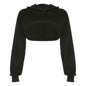 Long Sleeve Cropped Women's Custom Solid Pullover <b>Crop</b> <b>Top</b> Hoodie Breathable Polyester Cotton Fleece Short Length Winter - Product Image 4